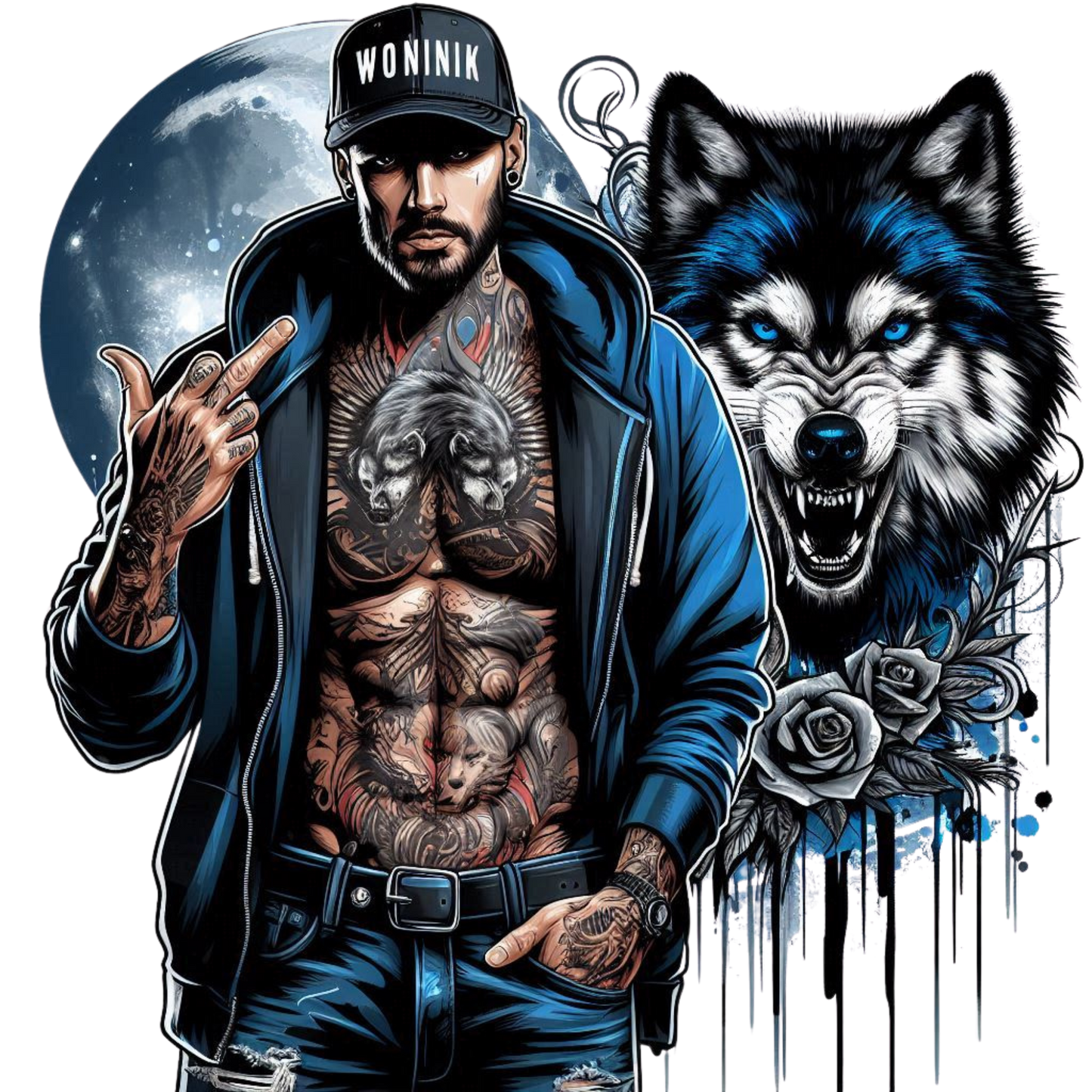 Man With No Shirt With Wolf - DTF Transfer- Back Design