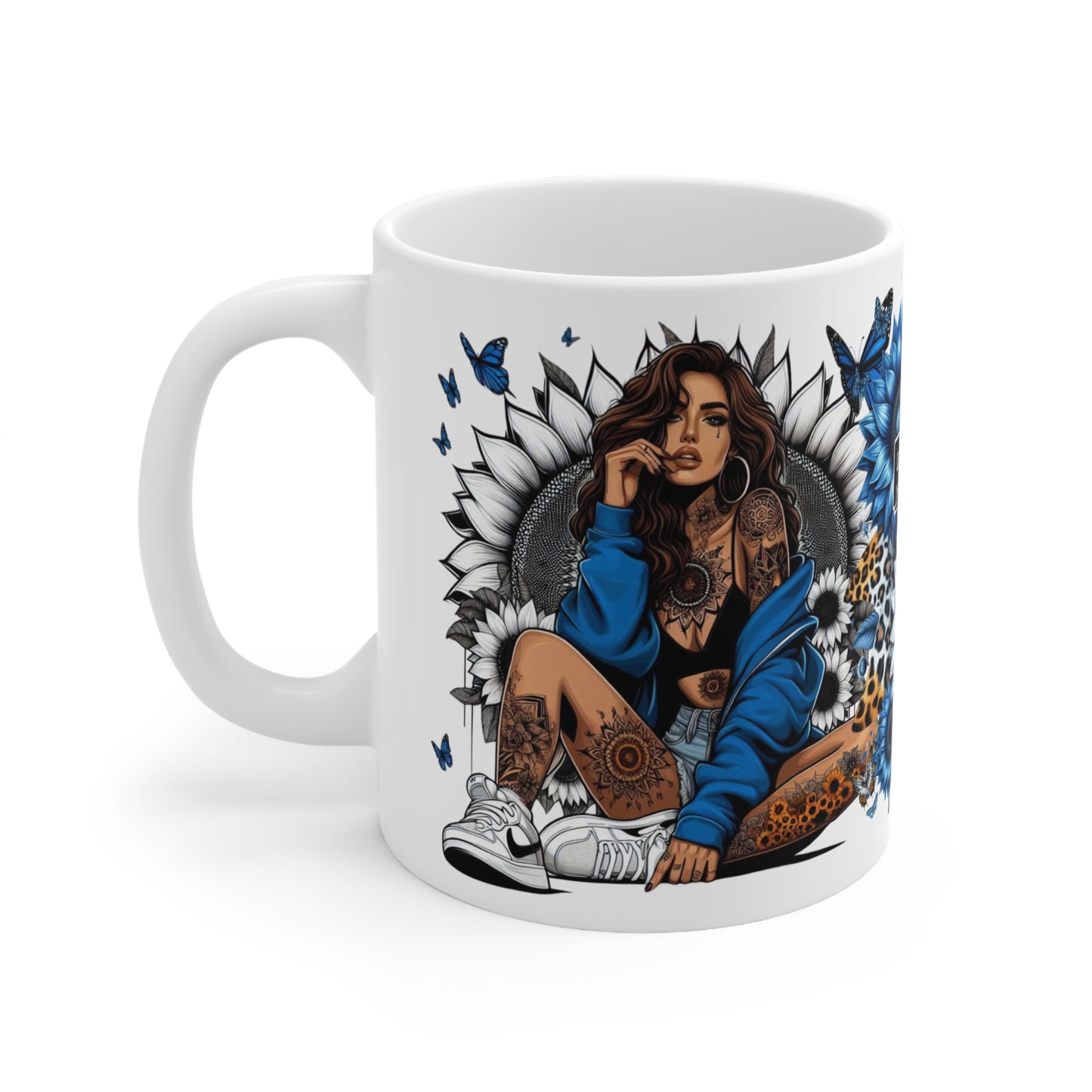 Professional Overthinker Ceramic Coffee Mug — Blue Floral Tattooed Woman Design 11oz