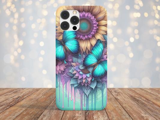 Teal Butterflies With Yellow Sunflowers- Phone Case