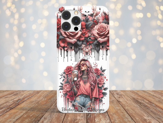 Girl With Coffee Pink & Red -Phone Case