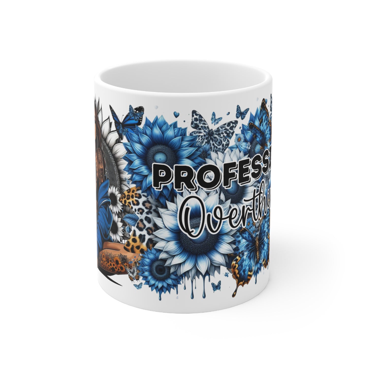 Professional Overthinker Ceramic Coffee Mug — Blue Floral Tattooed Woman Design 11oz