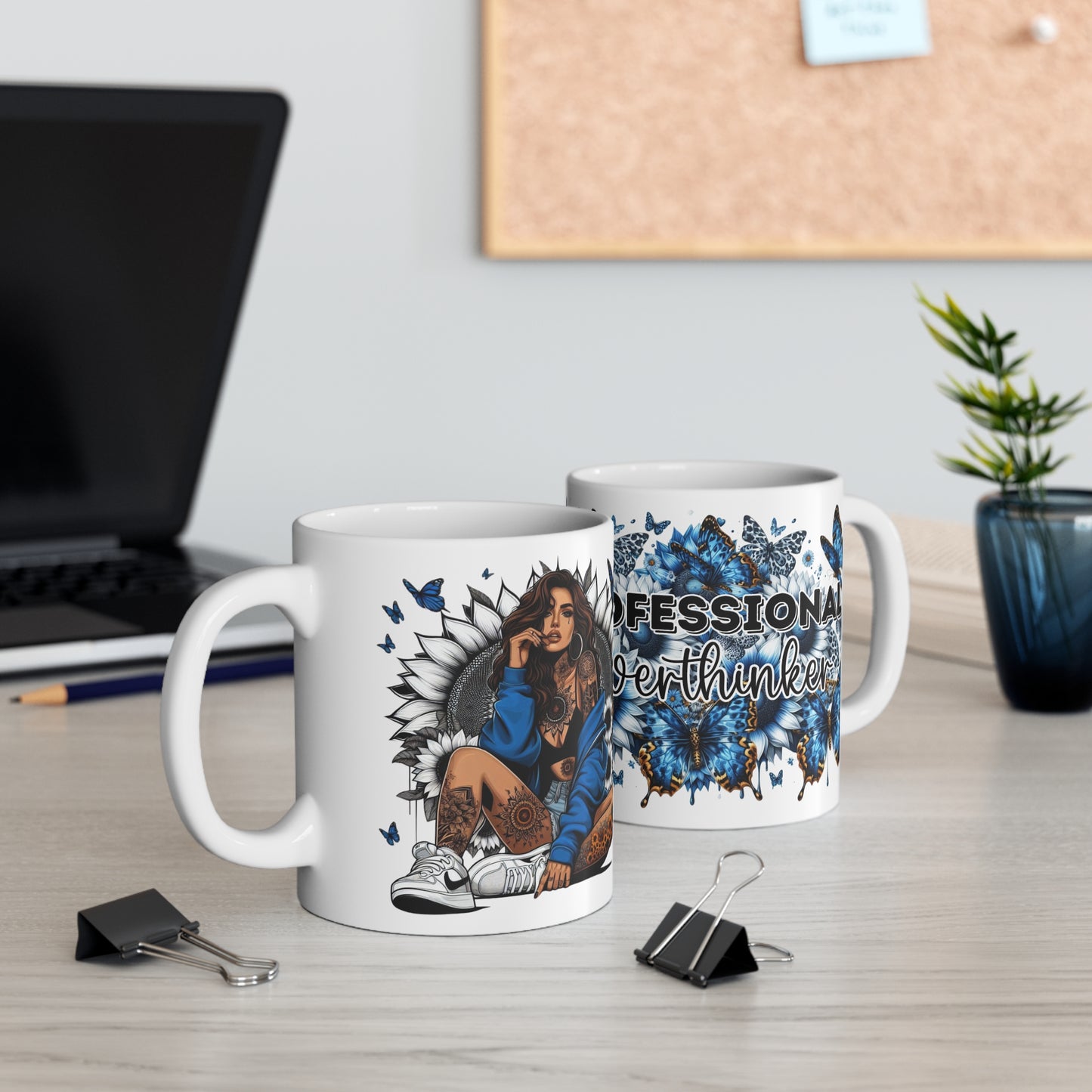 Professional Overthinker Ceramic Coffee Mug — Blue Floral Tattooed Woman Design 11oz