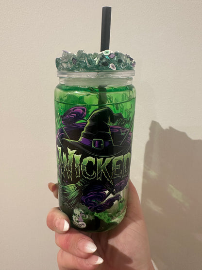 Wicked Glass Snow Globe Tumbler With Clay pieces READY MADE CUP