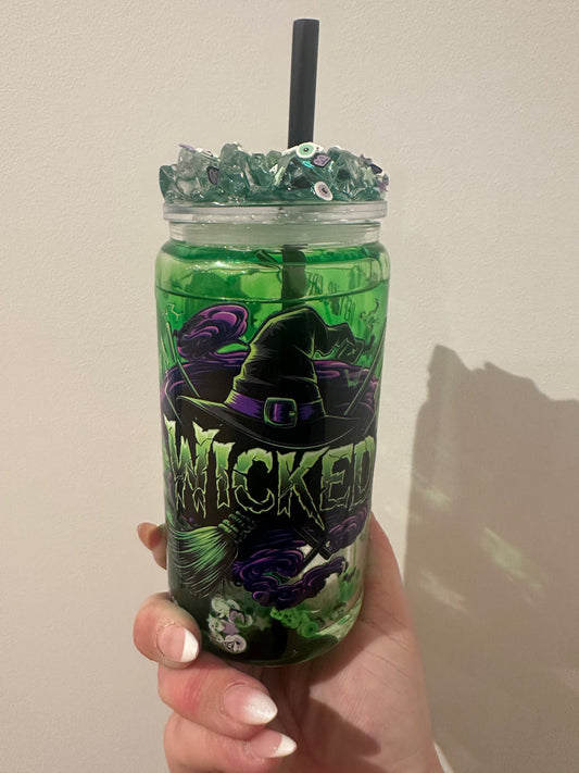 Wicked Glass Snow Globe Tumbler With Clay pieces READY MADE CUP