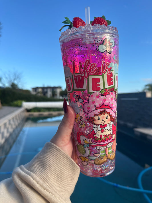 Strawberry Glitter Drip 24oz Snowglobe Tumbler