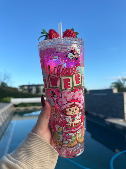 Strawberry Glitter Drip 24oz Snowglobe Tumbler