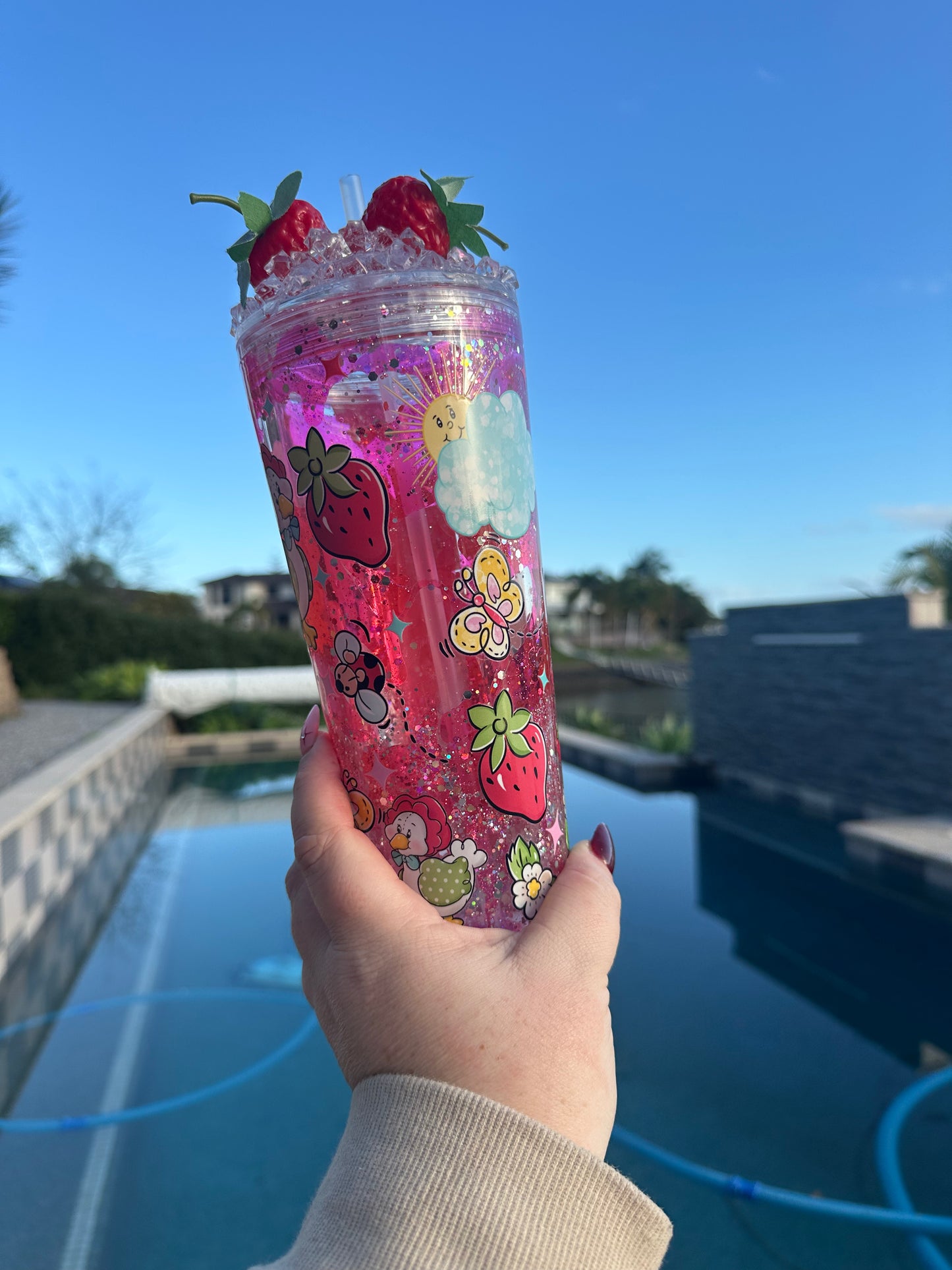 Strawberry Glitter Drip 24oz Snowglobe Tumbler