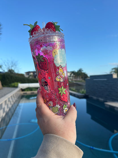Strawberry Glitter Drip 24oz Snowglobe Tumbler