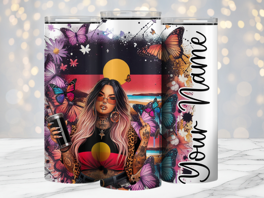 Personalised 20oz Tumbler- INDIGENOUS GIRL WITH FLAG