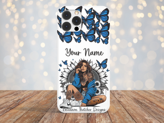 Blue Butterfly, Tattoo Girl- Phone Case